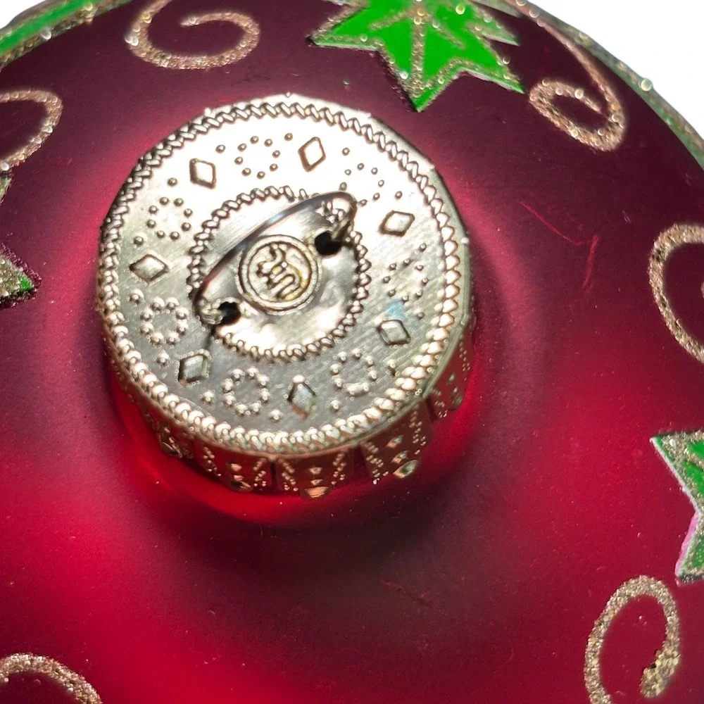 Christmas Ornament Red Vintage‎ Glass Holly Gold Glitter 4
